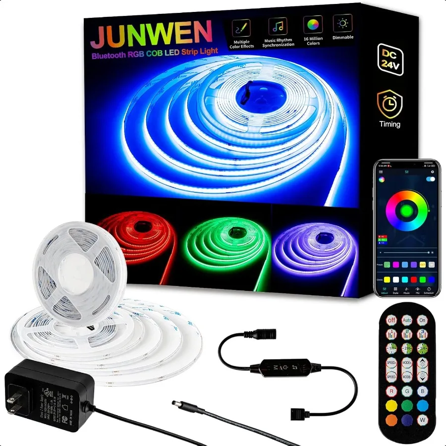 

Светодиодная лента RGB COB, 20 футов, 6 м, 24 В постоянного тока, с регулируемой яркостью, Smart App Control Strip, синхронизация музыкального ритма, 16 миллионов цветов в