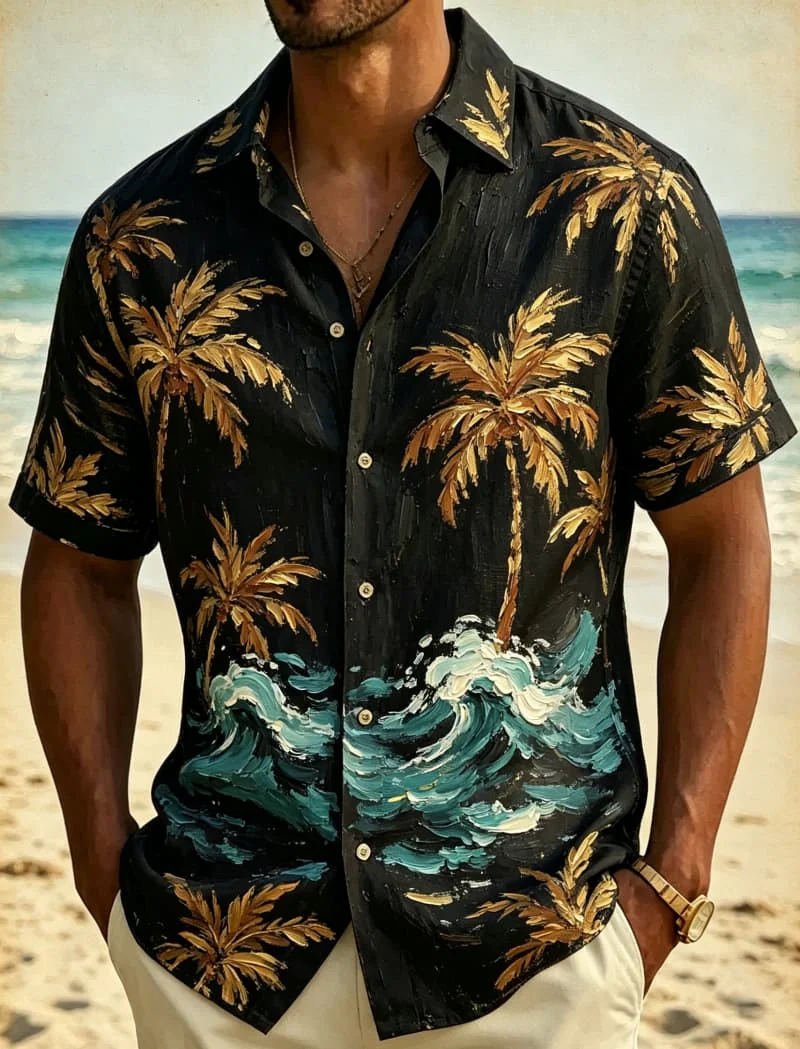 Men's Art Tropical Coconut Tree Printed Casual Shirt, Suitable For Road Travel, Summer Vacation, And Daily Dressing