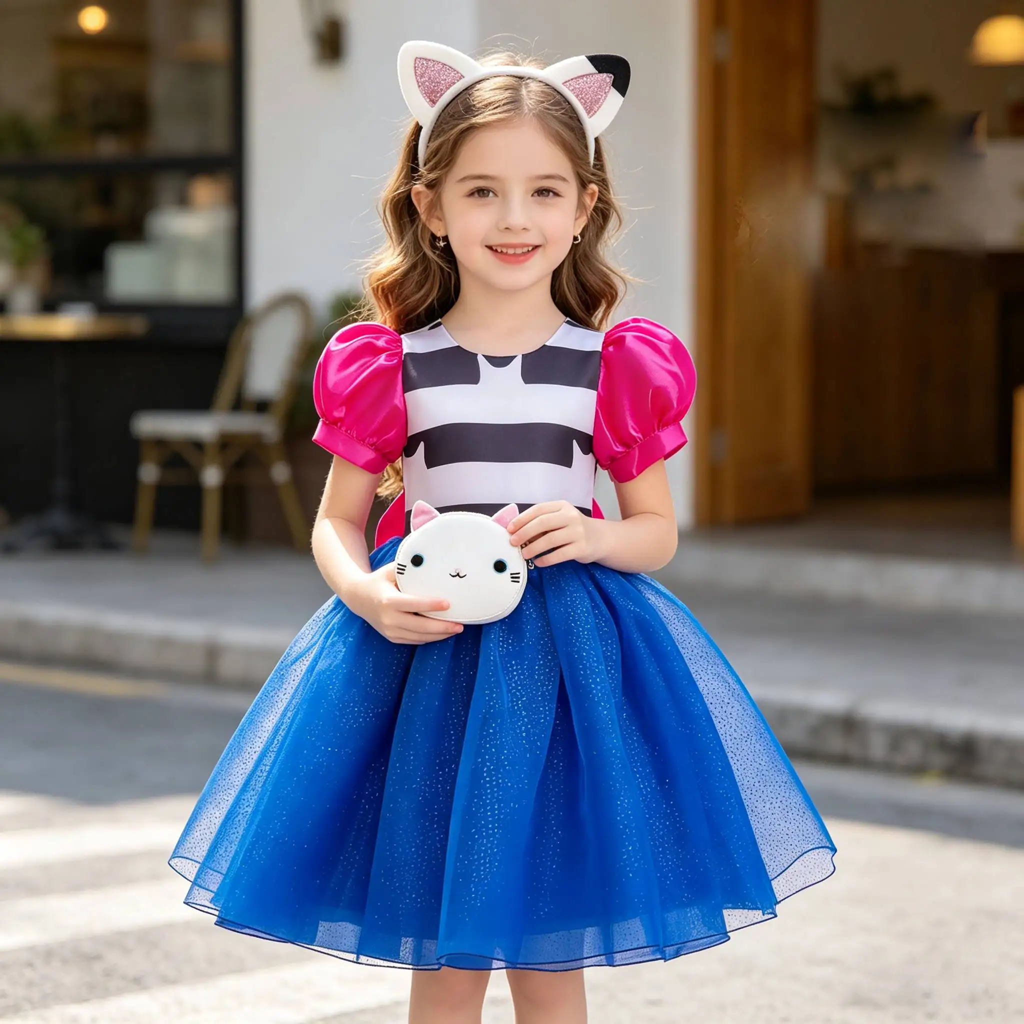 Baby Mädchen Katzen-Mesh-Prinzessinnenkleid mit Stirnband und Münzbörse, Mädchen Party Halloween Outfits für Kinder, Kinder Performance-Kostüm