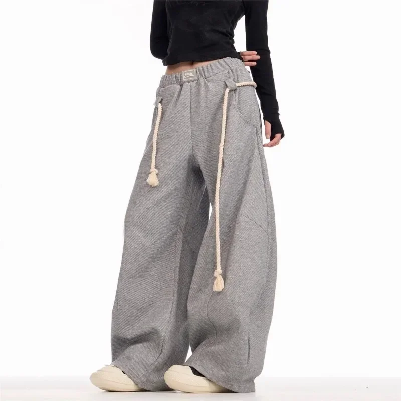 Casual Straight Drag Pants Women American Vintage Cotton Solid Color Sweatpants Autumn High Street Gray Wide Leg Machete Pants