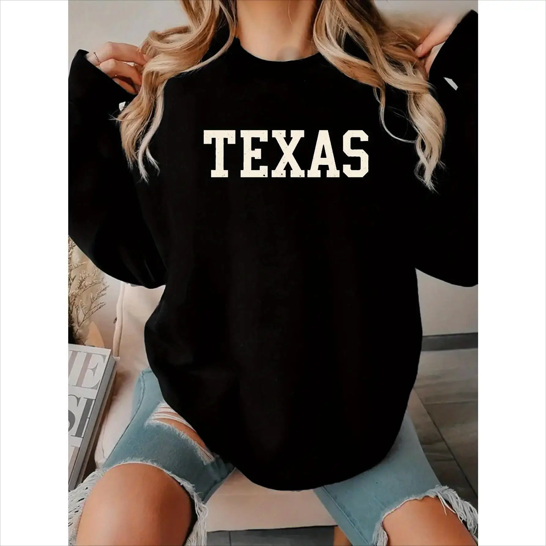 

Women'S Plus Size Texas Bold Collegiate Sweatshirt - Casual Long Sleeve Crewneck With "TEXAS" Print, Gray, Fall/Winter Fashion,