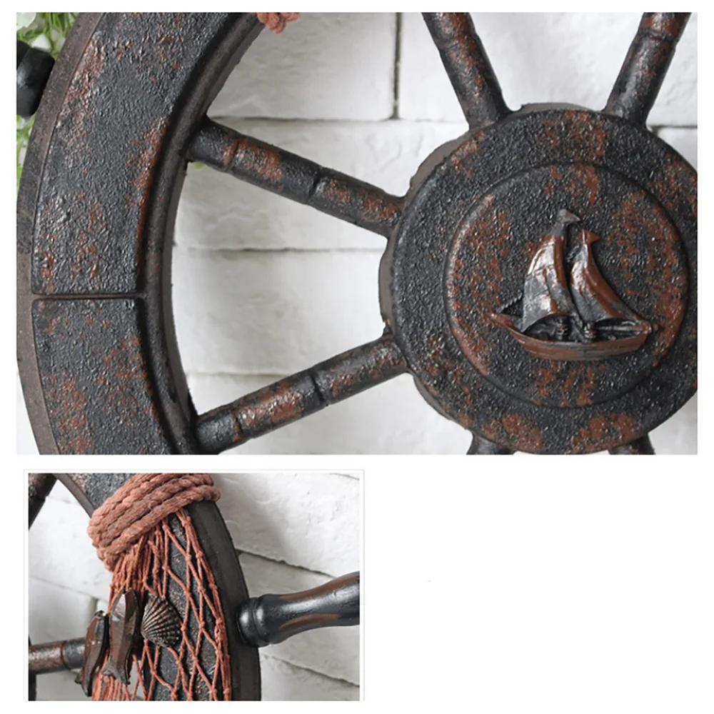 AWAH Mediterranean Style Nautical Wooden Boat Ship Wheel Wooden Rudder Model Rudder Wooden Retro Ship Wheel Wall Decoration