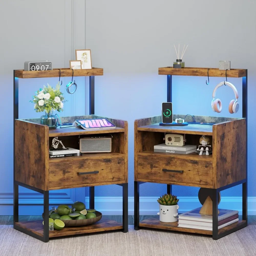 

Rustic Brown Nightstands Set of with Charging Station and LED Lights LED Night Stand Set with Drawer Rustic End Sid