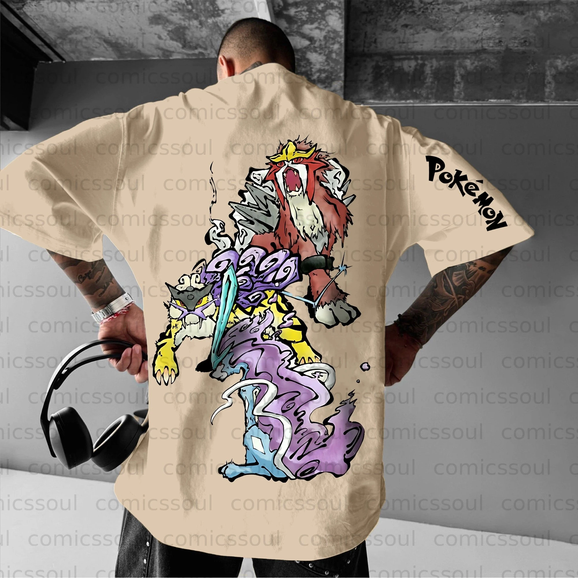 Camiseta de algodón puro de Pokémon para hombre, camiseta de Raichu y Suicune con estampado en la espalda, manga de diseño colorido, texto de Pokémon, moda informal, verano 2026