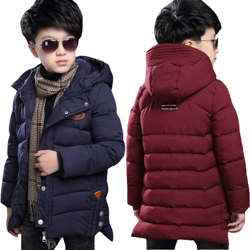 5 6 8 10 12 14 Years Boys Jacket Winter New Long Style Solid Color Thick Keep Warm Hooded Coat For Teen Boys Down Cotton Outwear