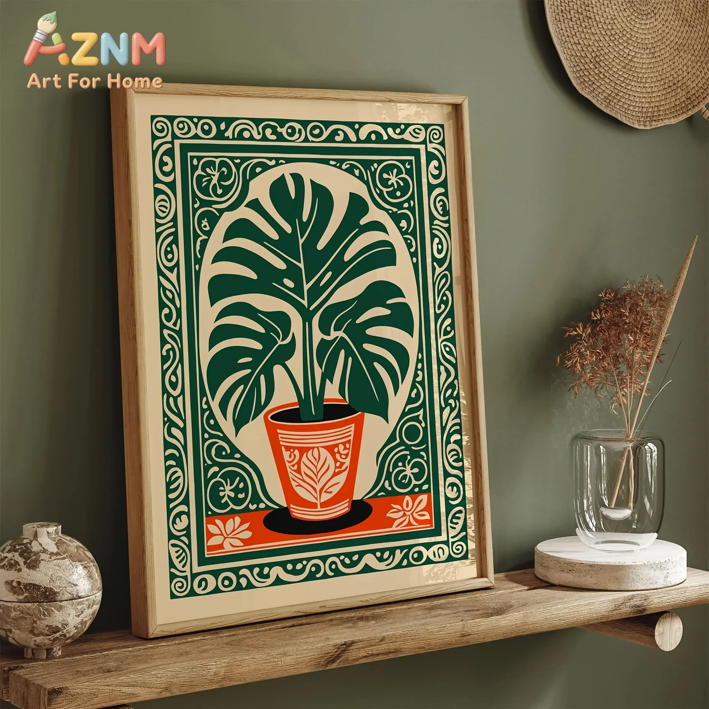 AZNM Monstera Plant Canvas Wall Art Retro Linocut Botanical Print Poster Green Orange Boho Tropical Plant Home Decor Unframed