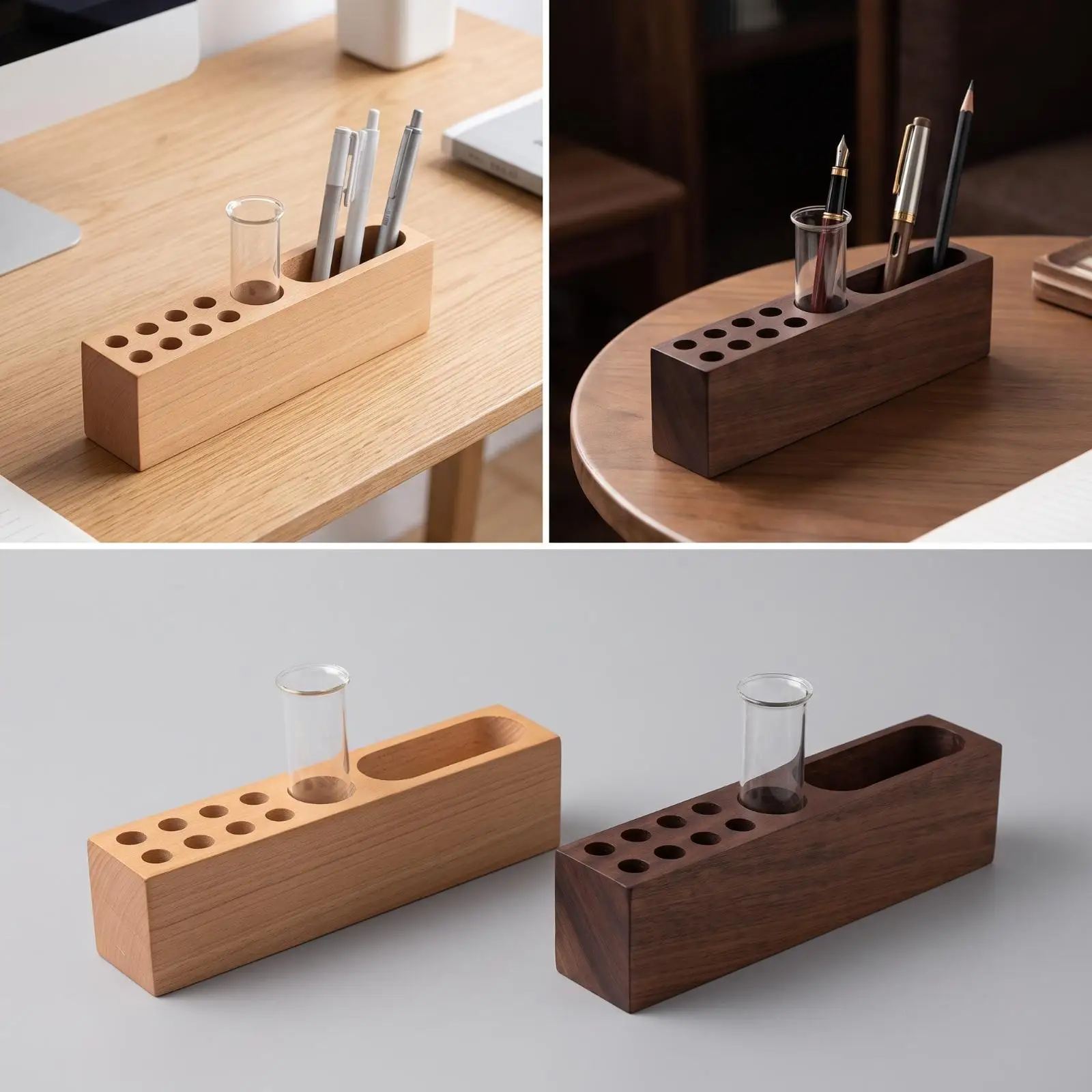 walnut-wood-pencil-organizer-for-desk-with-long-oval-slot-and-round-pen-holders-storage