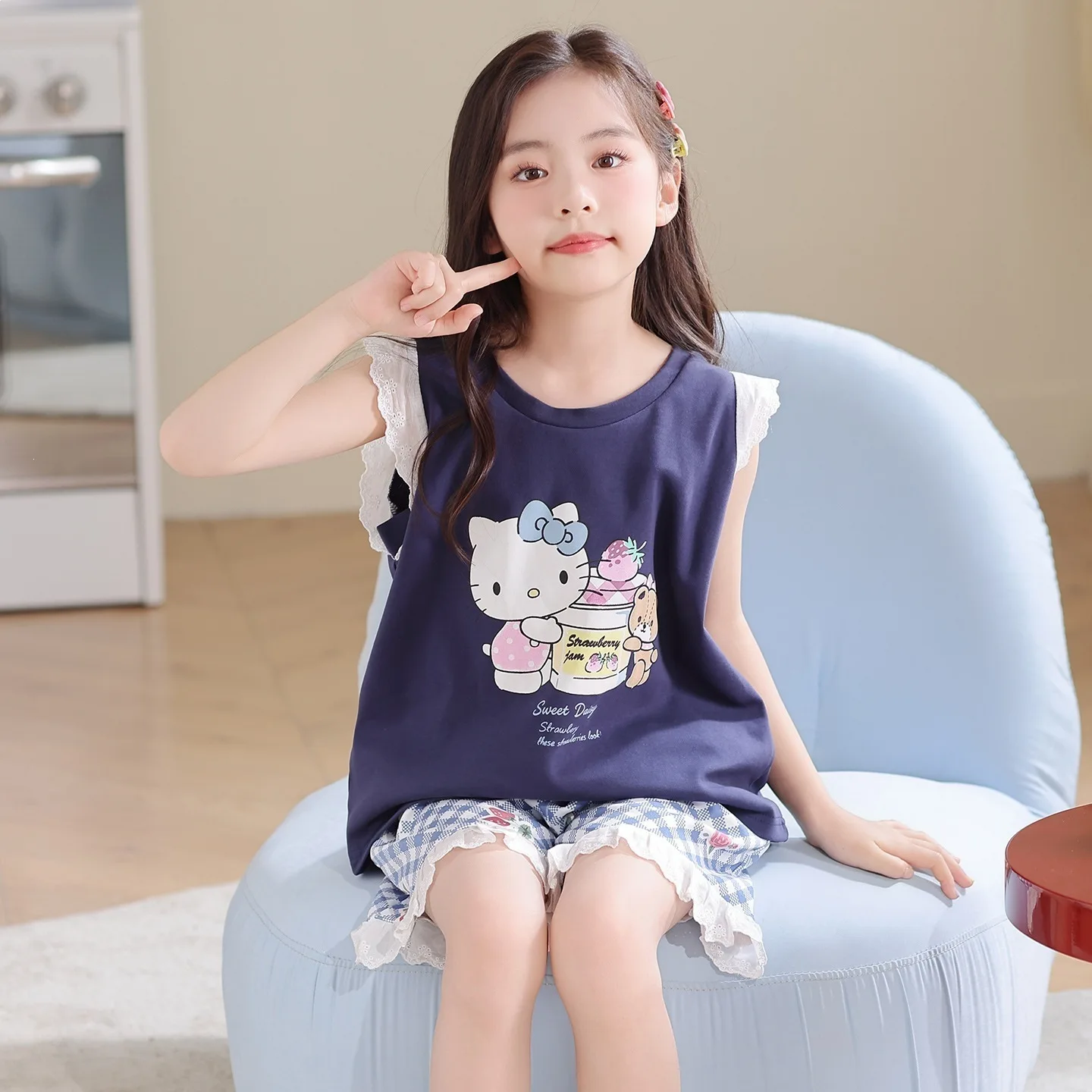 

Kawaii Hello Kitty Kids Pajamas Set Summer Sleeveless Sanrio Sleepwear Cartoon Korean Ins Anime Sweet Children Girls Loungewear