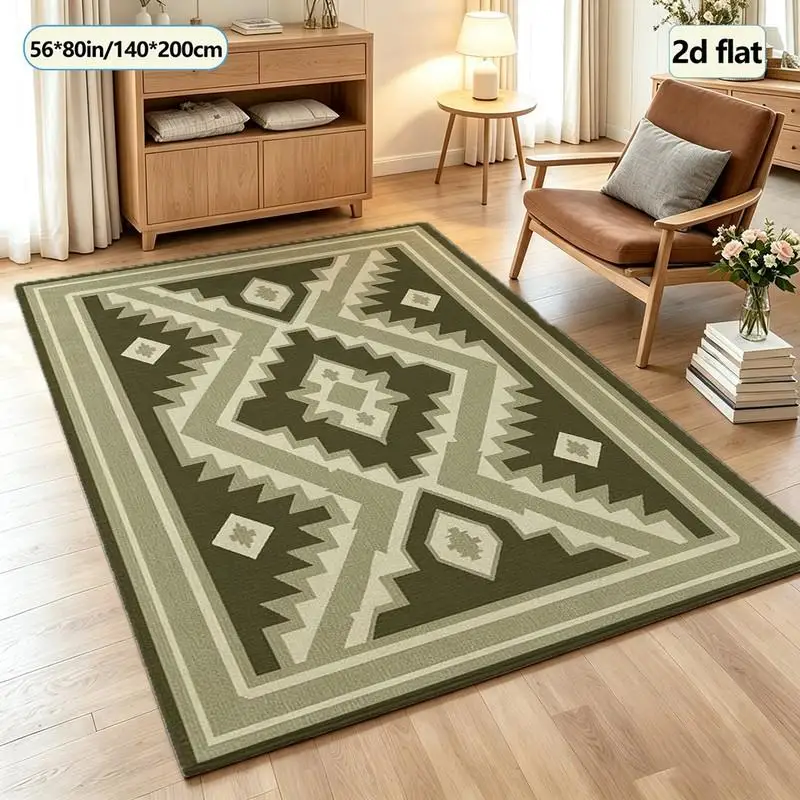 Olive Green Southwest Geometric Pattern Carpet Bohemian Style Square Rug Suitable for Indoor Home Decoration