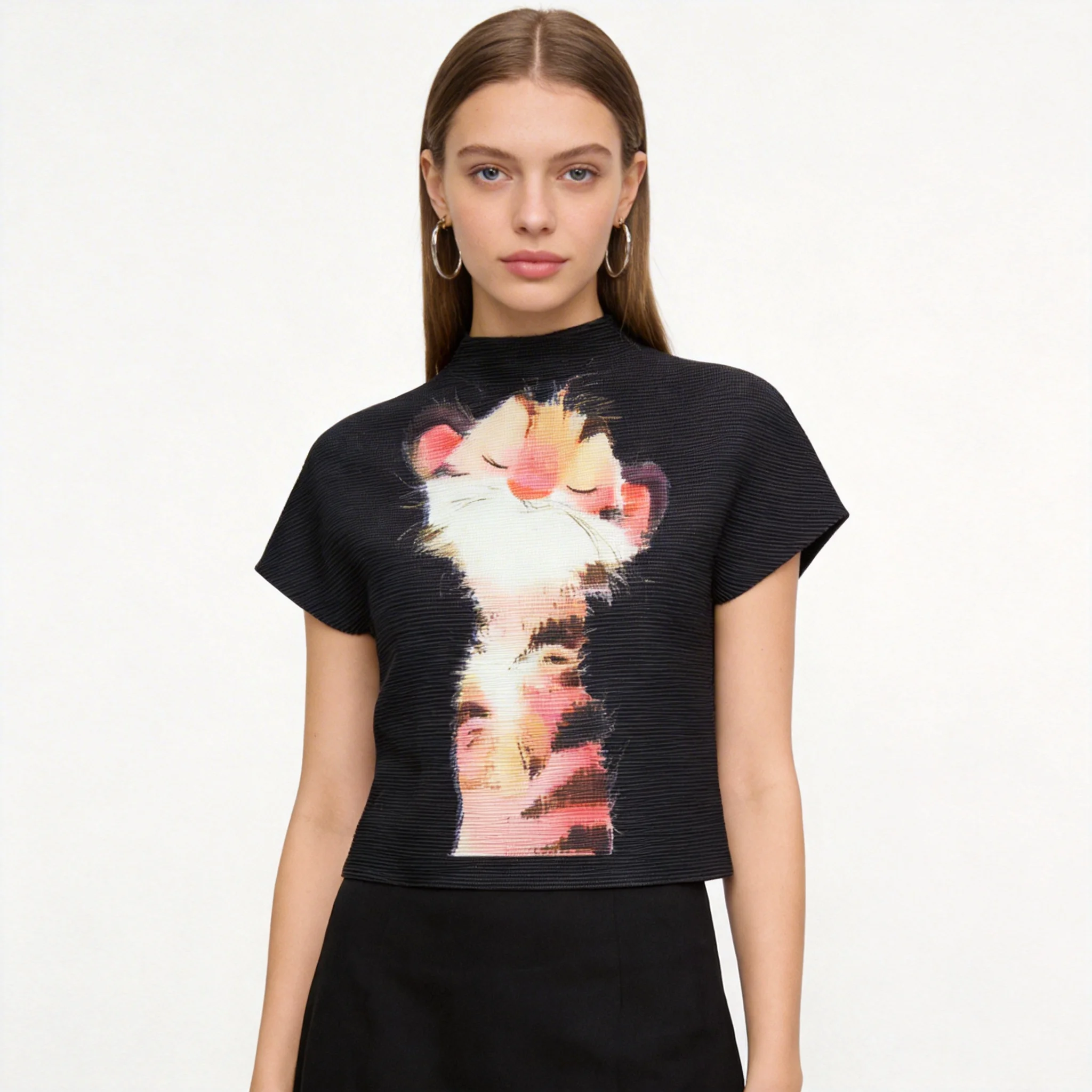 

Miyake Women's Cornfold Tight Printed T-Shirt Thin Pullover Half Turtle Neck Short Sleeve Fashion Women's 2026 Summer Tops