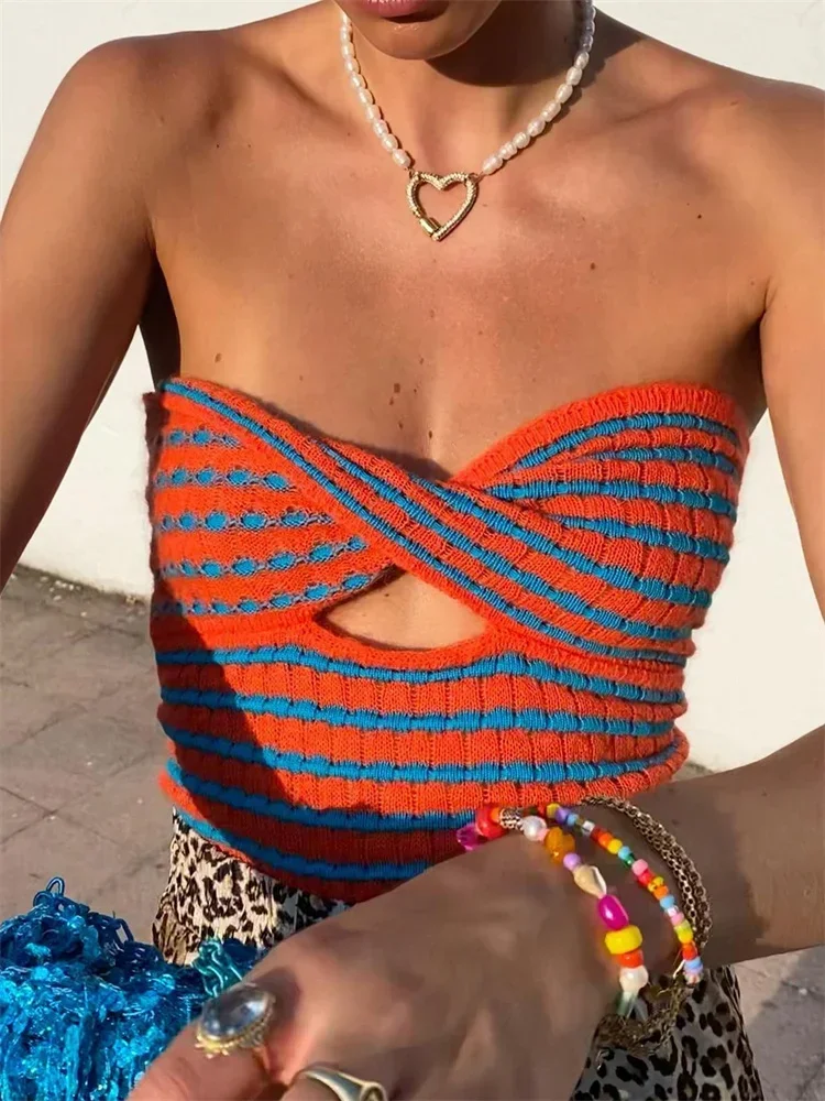 

2025 Off Shoulder Knit Tube Top Sexy Strapless Backless Bustier Tops For Women Stripe Cropped Top Hot Summer Streetwear