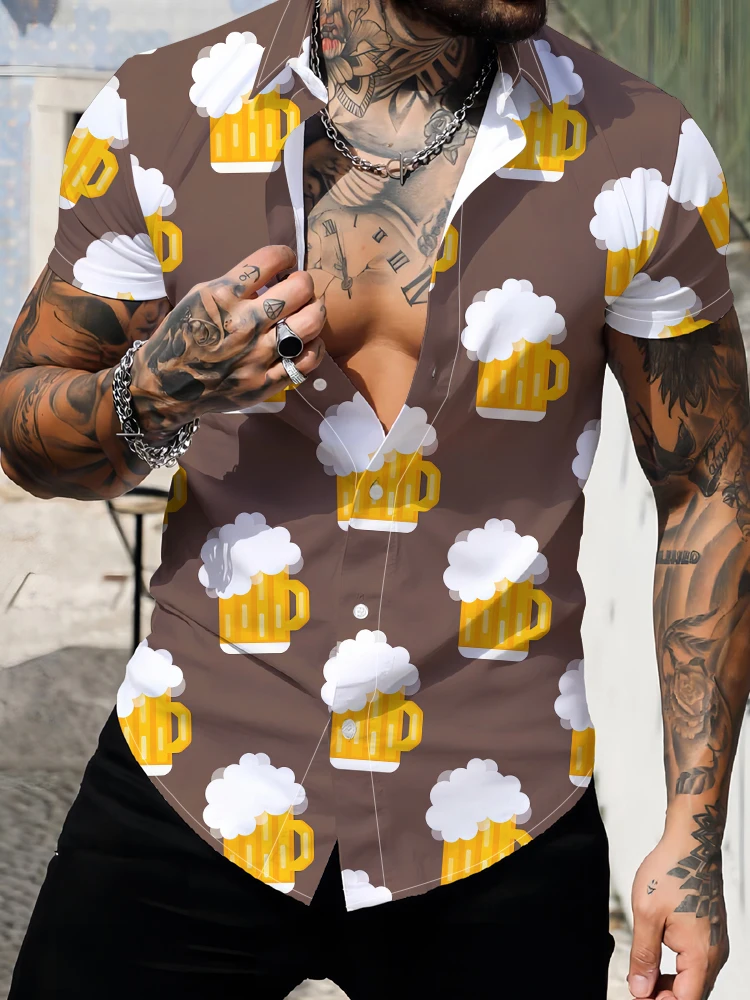 

Hawaiian Party Men's Shirt Simple and Innovative Beer Mug 3D Digital Printing Short Sleeve Shirt Loose Large Size Shirt