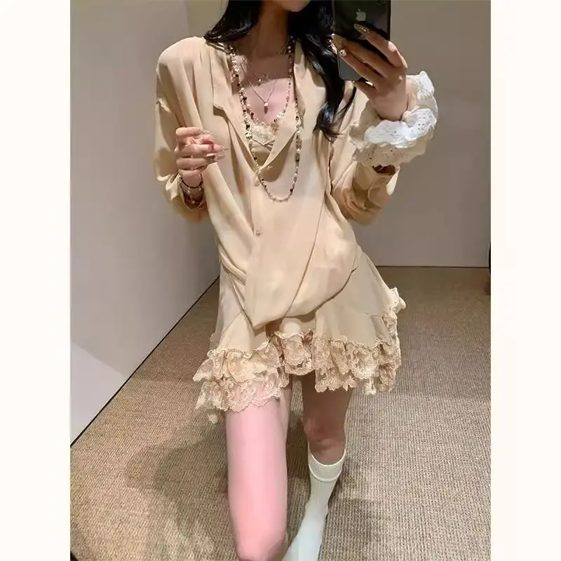 Wear A High-end 2026 New Women's Clothing Apricot Lace Shirt Two-piece Suit Skirt