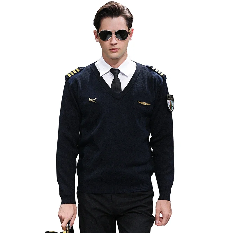 Pilot Uniform Sweater Flight Suit Winter Imitation Wool Sweater Captain V-neck Wool Vest Aviation Uniform