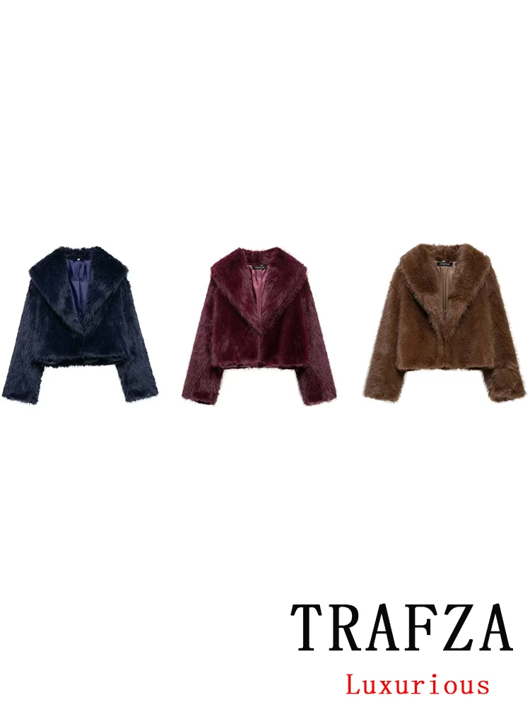 TRAFZA Vintage Faux Fur Women Jackets Solid Turn-down Collar Long Sleeve Warm Coat Chic Fashion 2025 Winter Autumn Outwear