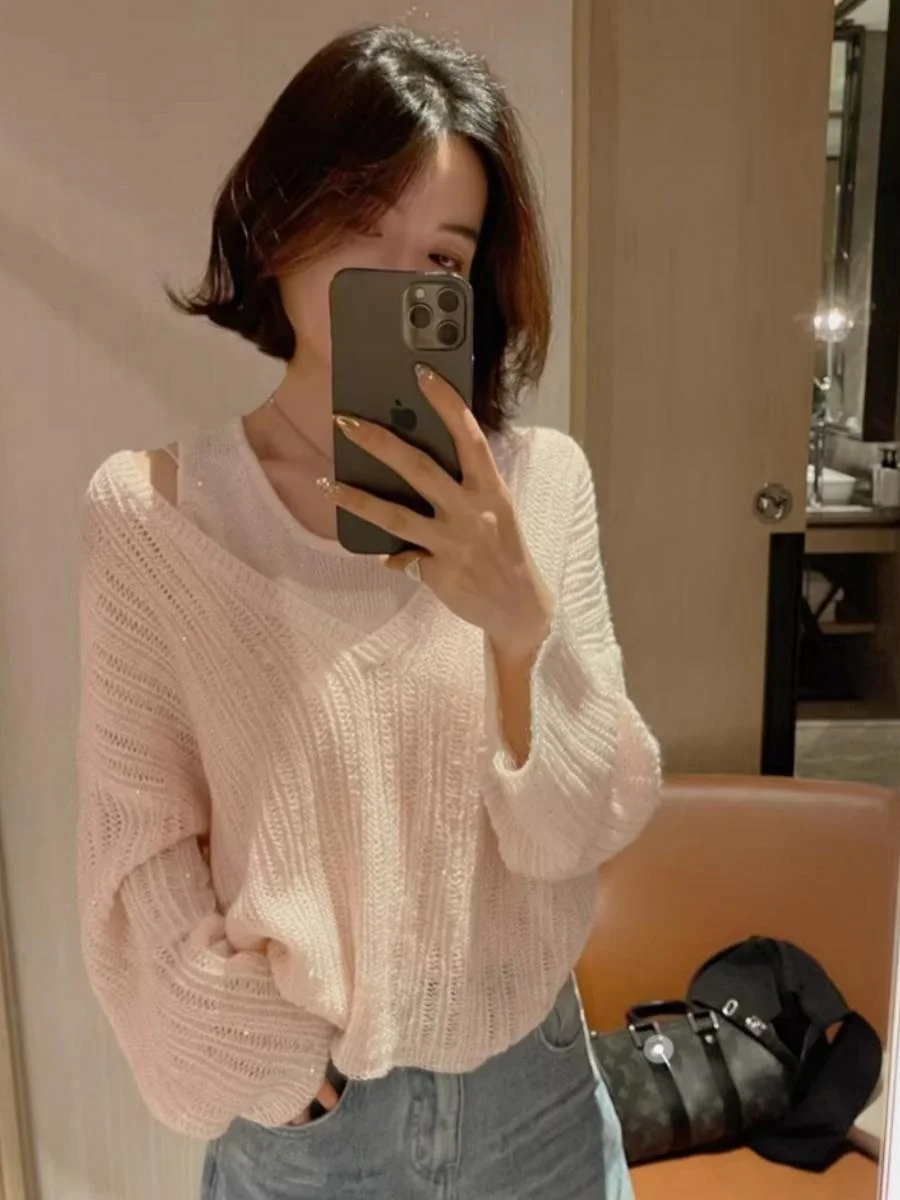 

Spring Dongdaemun Knitted V-Neck Sweater Vest Set Soft Shiny Star Sequins Lazy Casual Style Women's Long Sleeve Woolen Knitwear