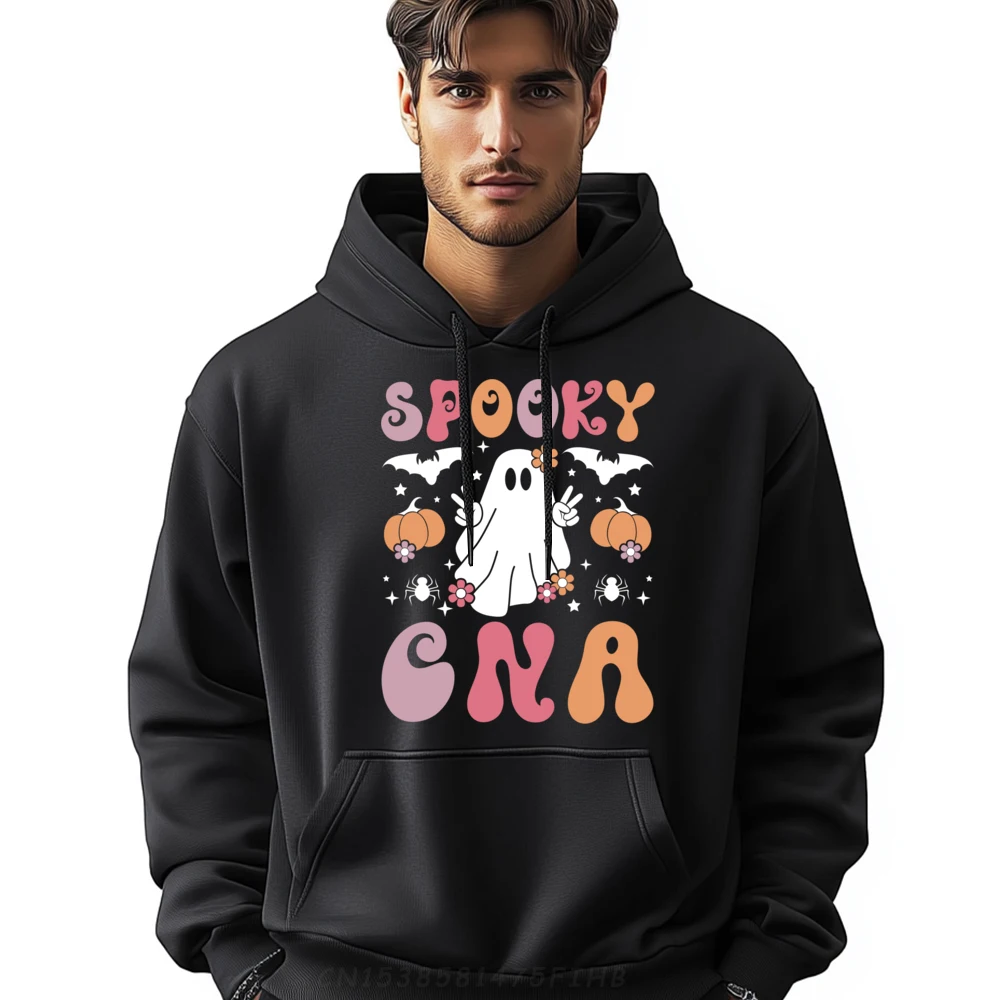 Spooky Certified Nursing Assistant Halloween Graphic Pullover Hoodies Polyester Fiber Pullover Hoodies For Man Tops Tees Normal