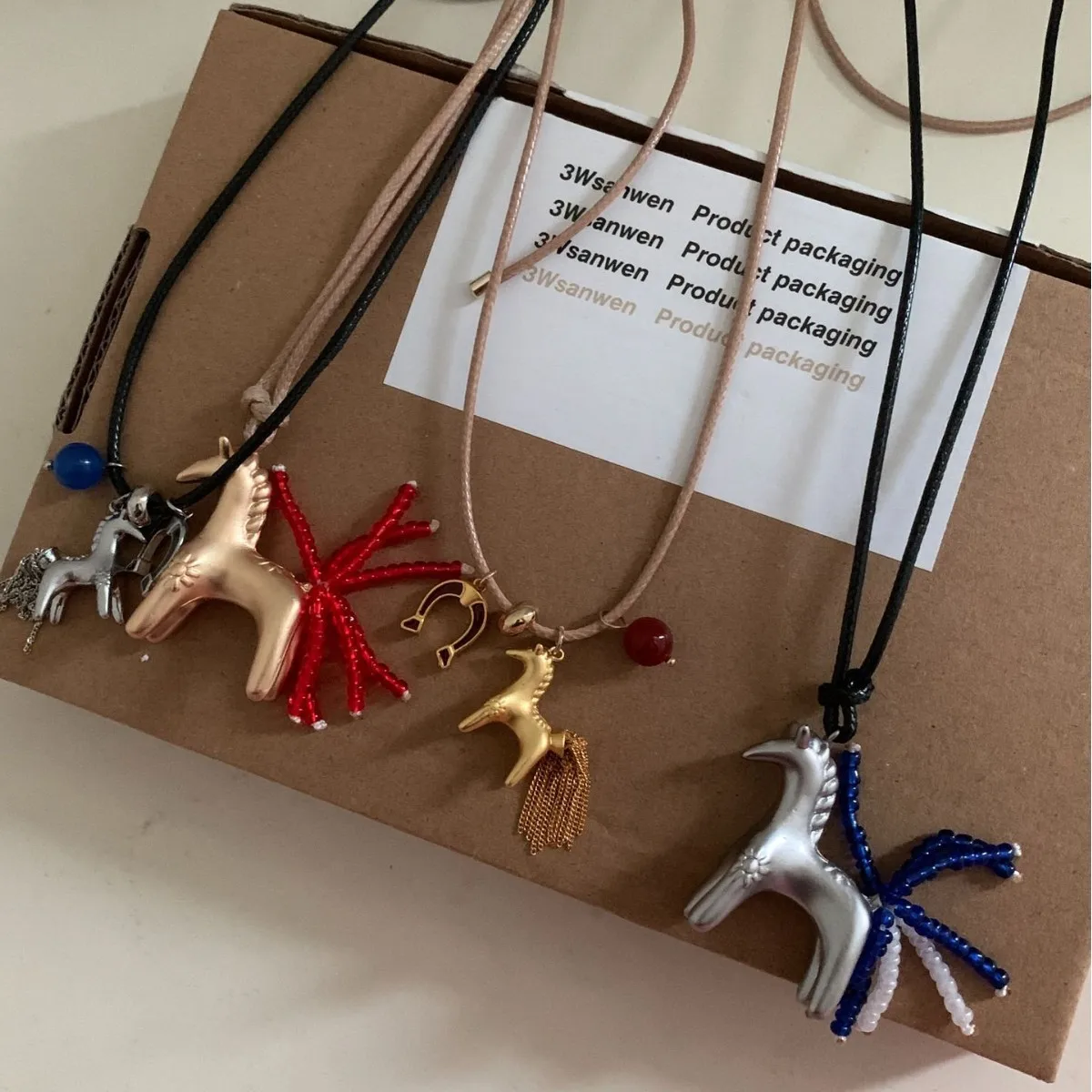 Funny Metallic Cartoon Horse Multi Tassel Beads Pendant Necklaces for Women Female Adjustable Long Wax Rope Chain Chokers