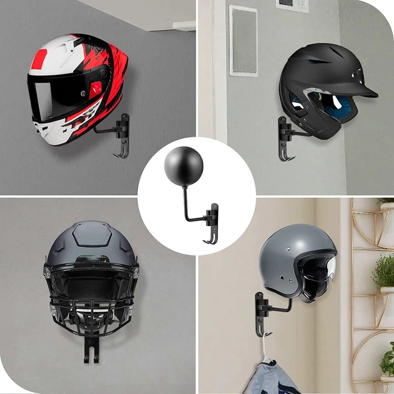 180° Motorcycle Helmet Rack, Rotation Metal Helmet Holder Wall Mount, Helmet Holder Bike With 2 Hooks Helmet Hanger