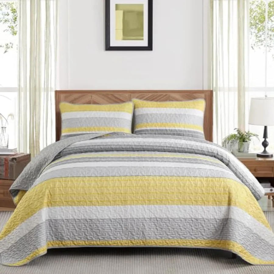 

Quilt Set Size 3 Pcs Striped Patchwork Summer Bedspread Coverlet Set Soft Lightweight Microfiber Bedding Comforter Set Yellow W