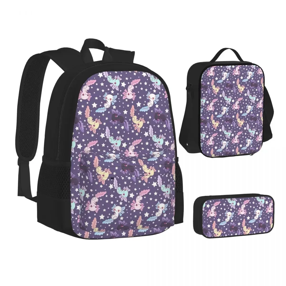 Kawaii Axolotl Pattern Lilac Backpacks Boys Girls Bookbag School Bags Cartoon Kids Rucksack Lunch Bag Pen Bag Three-Piece Set