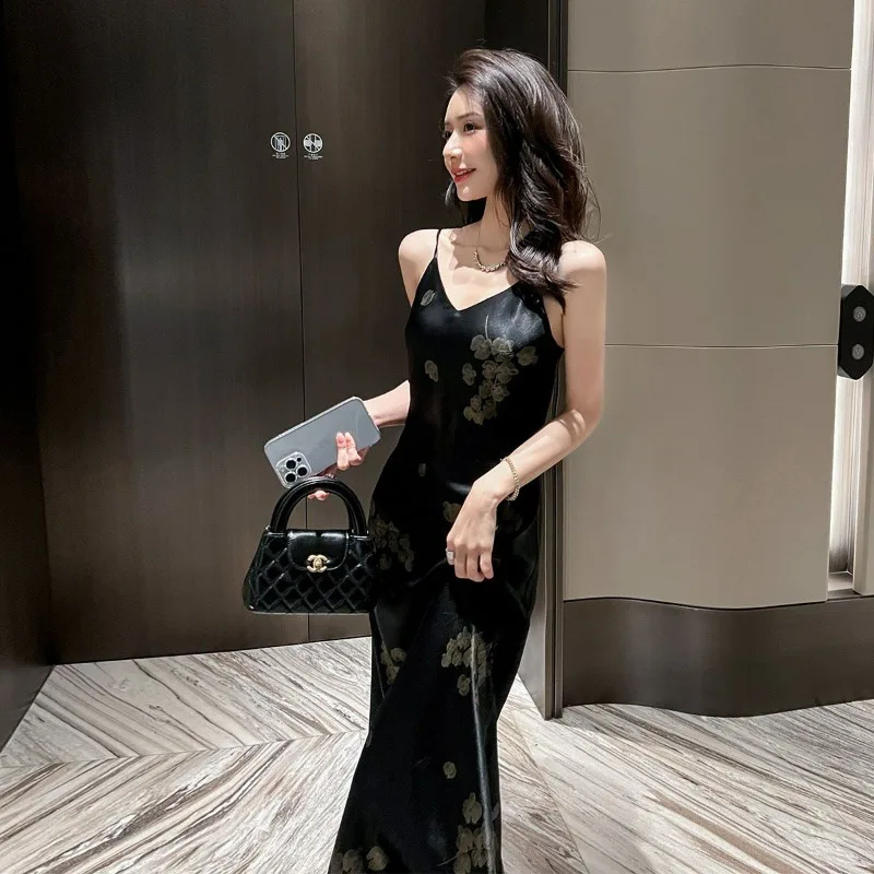 Abito a canotta in raso moda donna estate nuovi abiti da donna a trapezio stampati sottili stile lungo slim fit avanzato