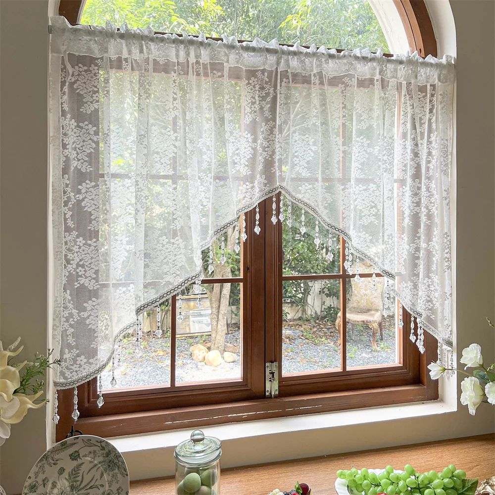 White Floral Lace Sheer Curtain Vintage Beaded Triangle Window Drapes for Dining Room Kitchen Entryway Elegant Home Decor