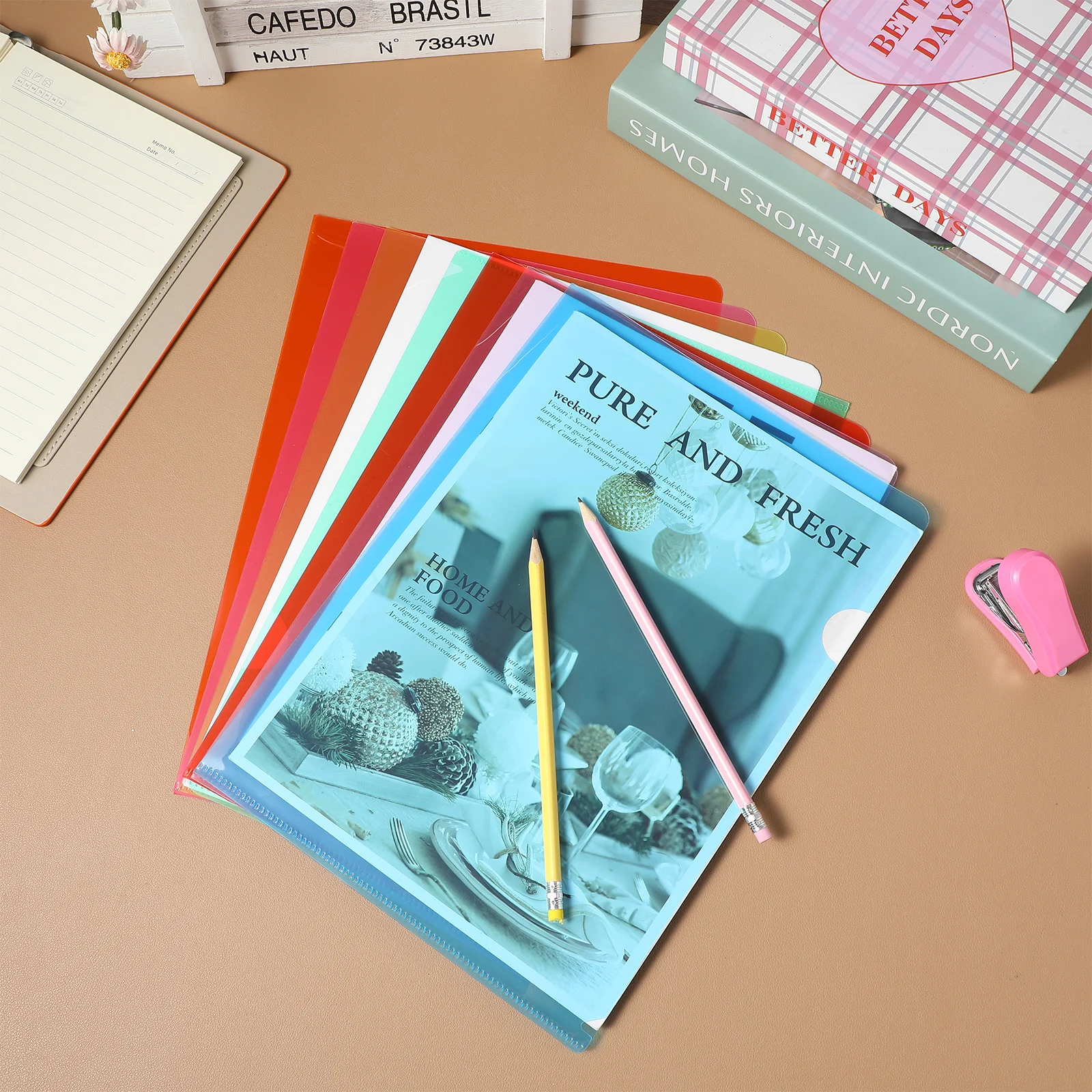 

16 Pcs A4 Transparent L-shaped Folders Yellow Blue Green Purple Orange Pink 2 Red 2 White Clear File Sleeves Letter Size