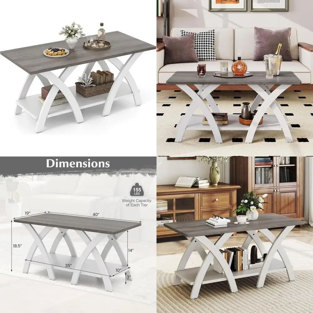 

2-Tier Wooden Center Table with Storage Shelf and X-Legs, 40 Inch Grey Oak & White Living Room Coffee Table