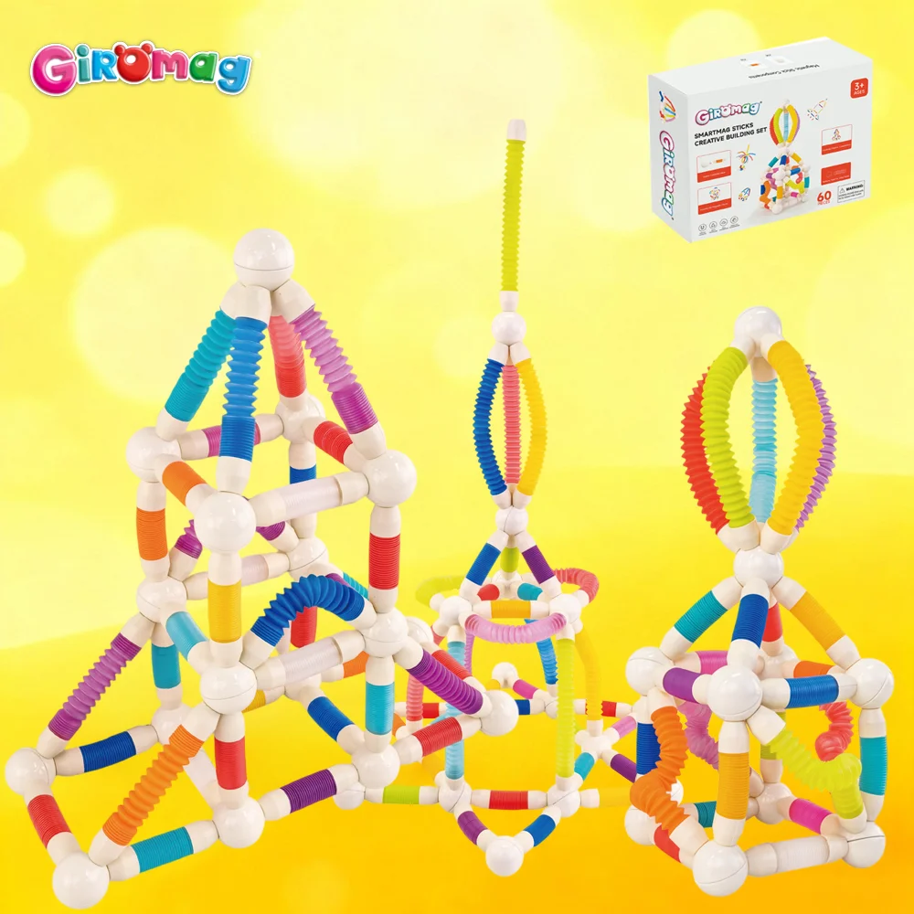 GIROMAG 60個入り伸縮式磁気スティック組み立ておもちゃセット-柔軟な磁気棒とボール、3歳以上のお子様向けの教育用ビルディングブロック