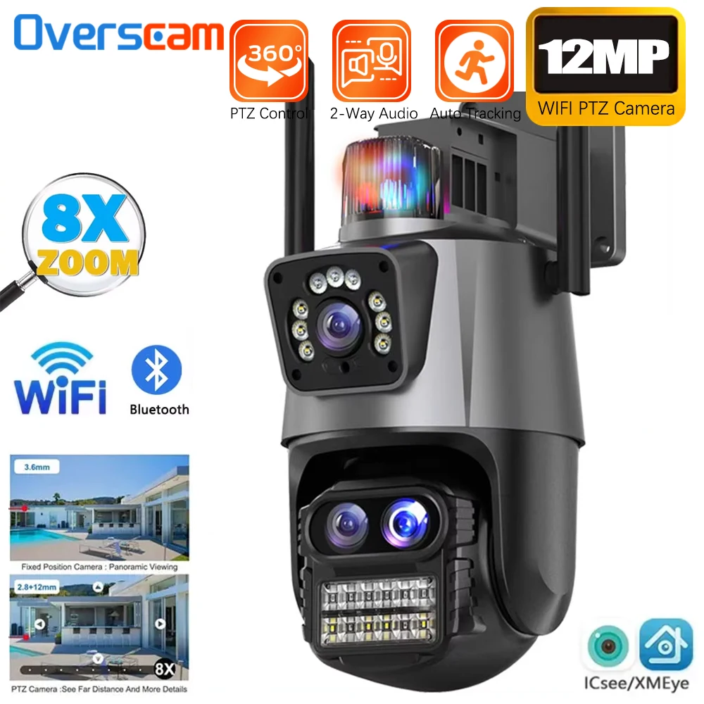 12MP كاميرا متحركة 8X التكبير السيارات تتبع سماعة لاسلكية تعمل بالبلوتوث ثلاثة عدسة شاشة مزدوجة PTZ ICsee NVR الأمن CCTV كاميرا مراقبة