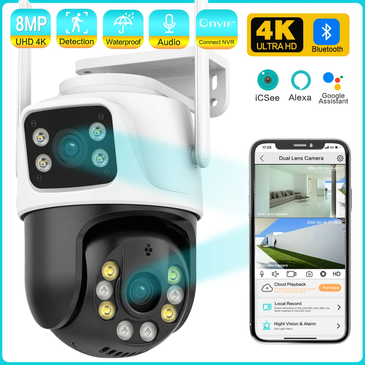 4K 8MP PTZ Wifi IP Camera Dual Lens with Dual Screen Ai Human Detect Auto Tracking Wireless Outdoor Surveillance Camera iCSee 2K