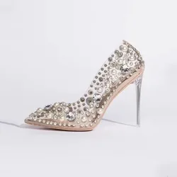 Pearl Rhinestone Studs Clear PVC Pointed Toe Pumps Slip On Women Shoes Silver Thin High Heels Party Banquet Zapatos Mujere