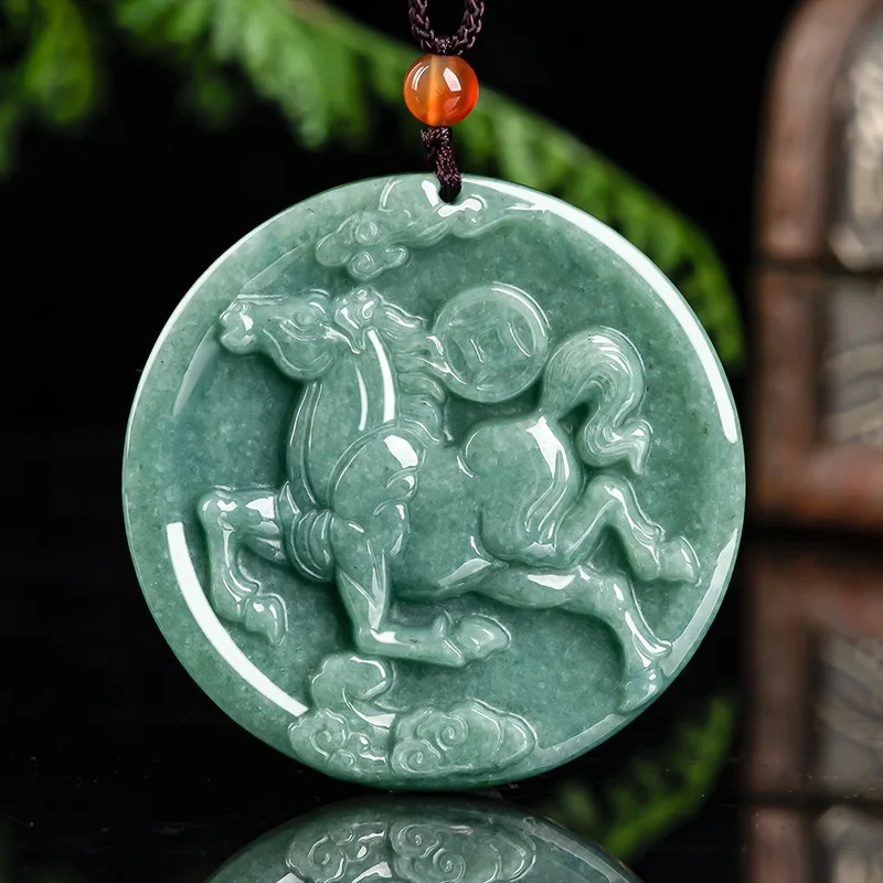 

Natural Grade A Jade Jadeite Men Women Lucky Wealth Rich Coin Cloud Zodiac Horse Round Pendant Bless Men Women