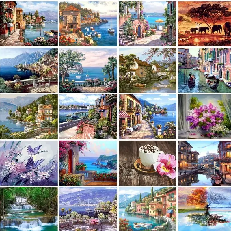 GATYZTORY Oil Pictures by Numbers Town Landscape Original Gifts Acrylic Paint DIY Canvas Painting Adults Crafts Home Decoration