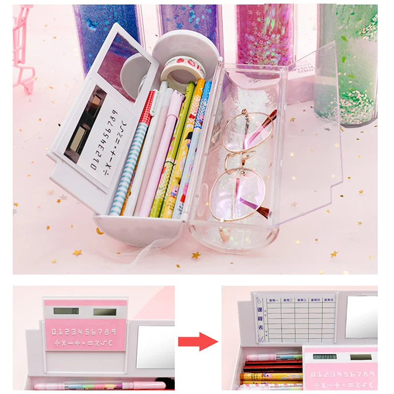 Multifunctional Standing Quicksand Pencil Case Organizer Double Layer With Mirror Erasable Notepad Calculator