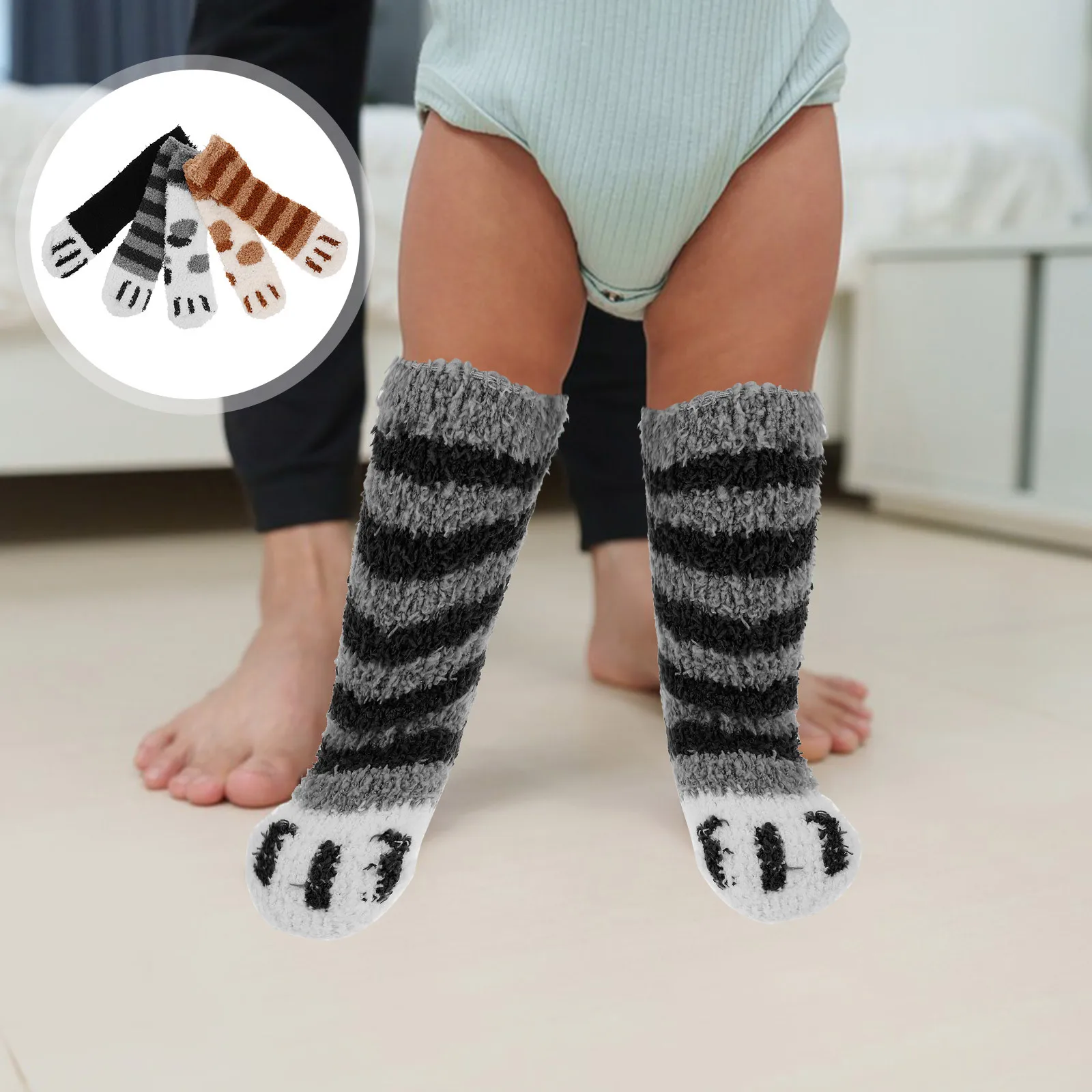 

5 Pairs Long Socks Coral Fleece Warm Soft Thigh High Stockings Winter Over Baby Thigh High Socks Knee Elastic Design