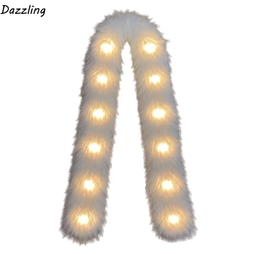 Fashion White Plush LED Flash Scarf Light Up Warm Luminous Glowing Scarf Skin-friendly Fluffy Winter Plush Scarf Wedding
