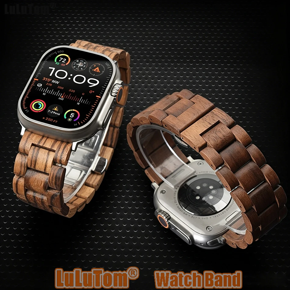 

Ремешок из орехового дерева и сандалового дерева для Apple Watch Series 11, 10, 9, 8, 7, 6, 5, SE, Ultra, iWatch 49/46/45/44/42/41/40/38 мм, металлический ремешок с пряжкой