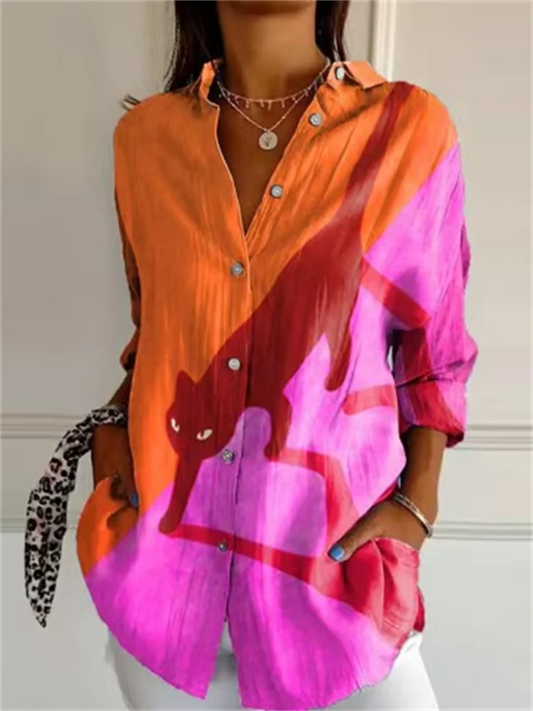

New elegant women's shirt fashionable casual women's shirt versatile loose shirt animal cat print graphic three-quarter sleeves