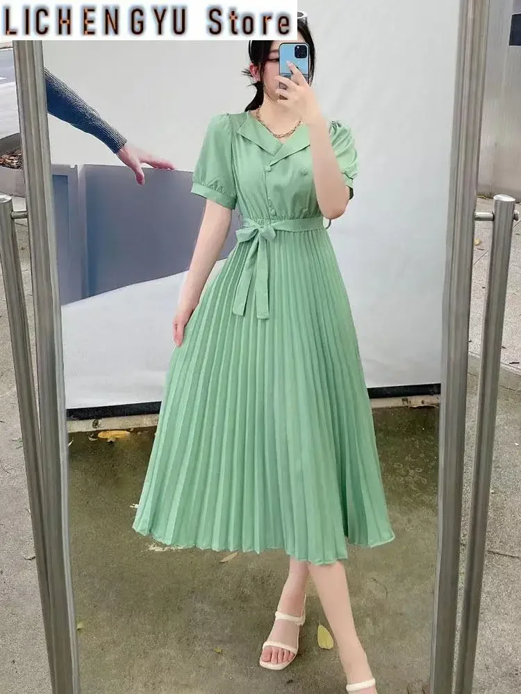 

Casual Style Lace-up Pleated Short-sleeve Solid Color High Waist A-line Leisure Women's Dress Summer New Dresses