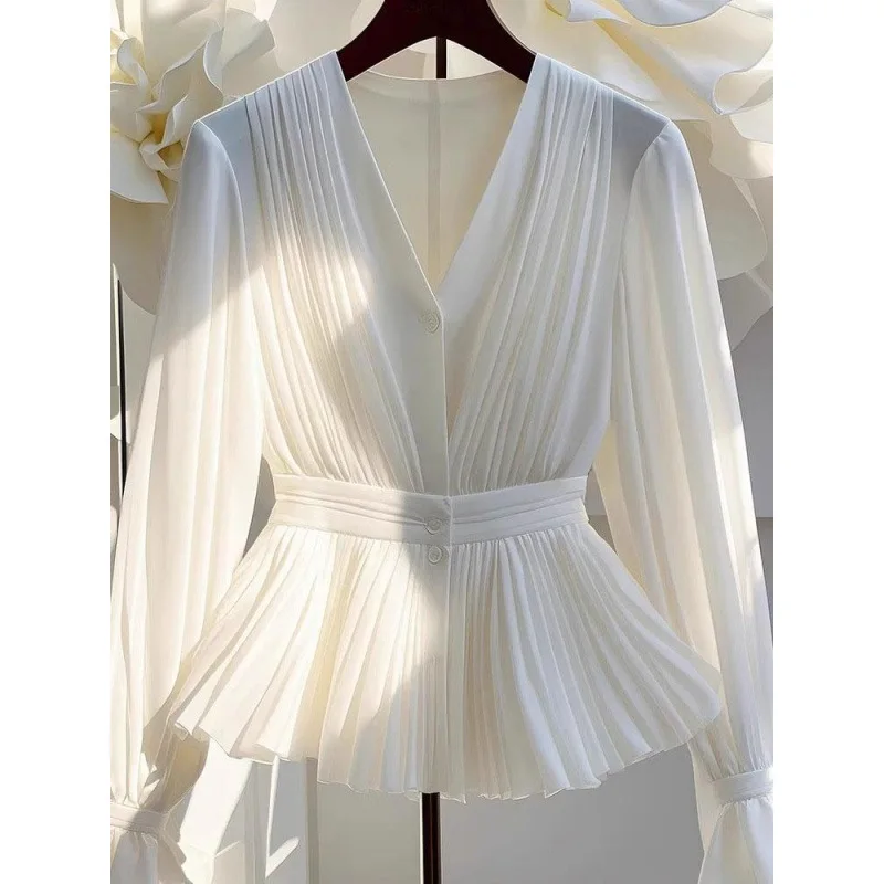 

Summer Autumn 2025 New Shirts Top For Women V-Neck Long Sleeved Unique And Beautiful White Shirt Korean Reviews Many Clothes