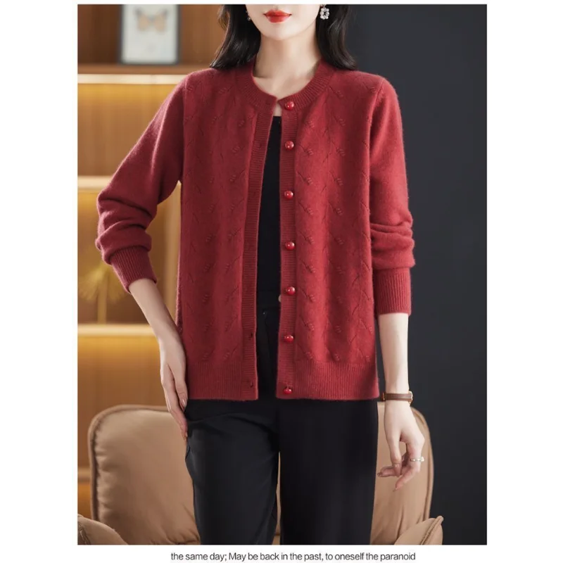 Women Round Neck Hollow Knit Cardigan Loose Spring Autumn Casual Mom Sweater Coat