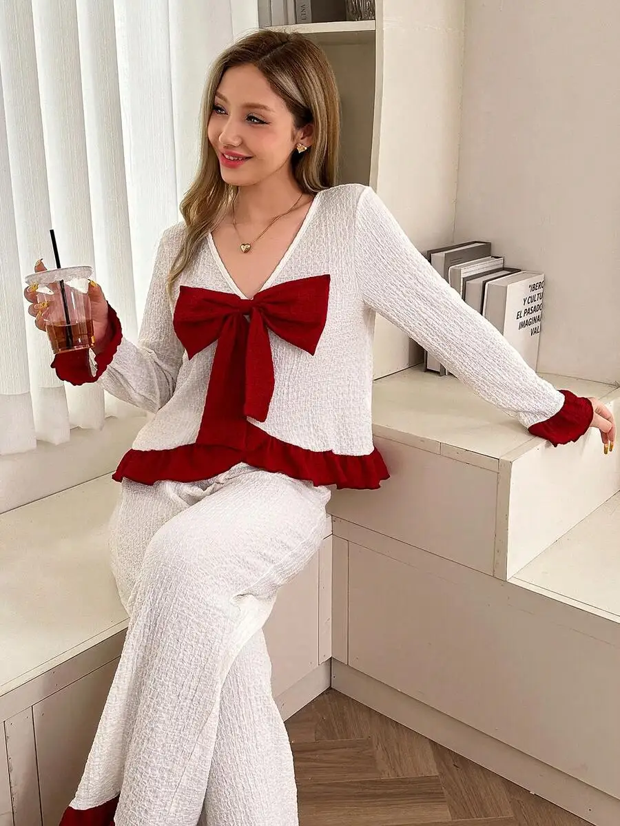 

Contrast Color Bowknot Jacquard Pajama Set Women Cozy Elegant Fall Winter Sleepwear