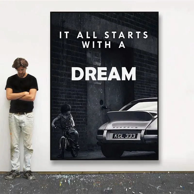 Poster Wall Art Black and White It All Starts with A Dream Inspirational Quotes Picture Canvas HD Print Room Home Decor Painting