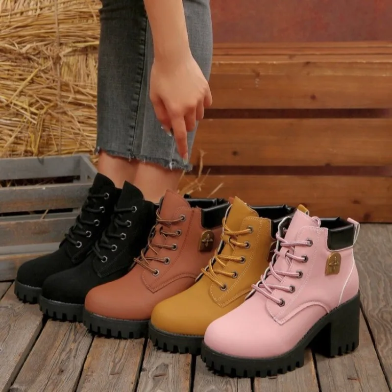 Autumn Booties Women's Fashion Round Toe Suede Front Lace-Up Platform Non-Slip Wear-Resistant High Heels