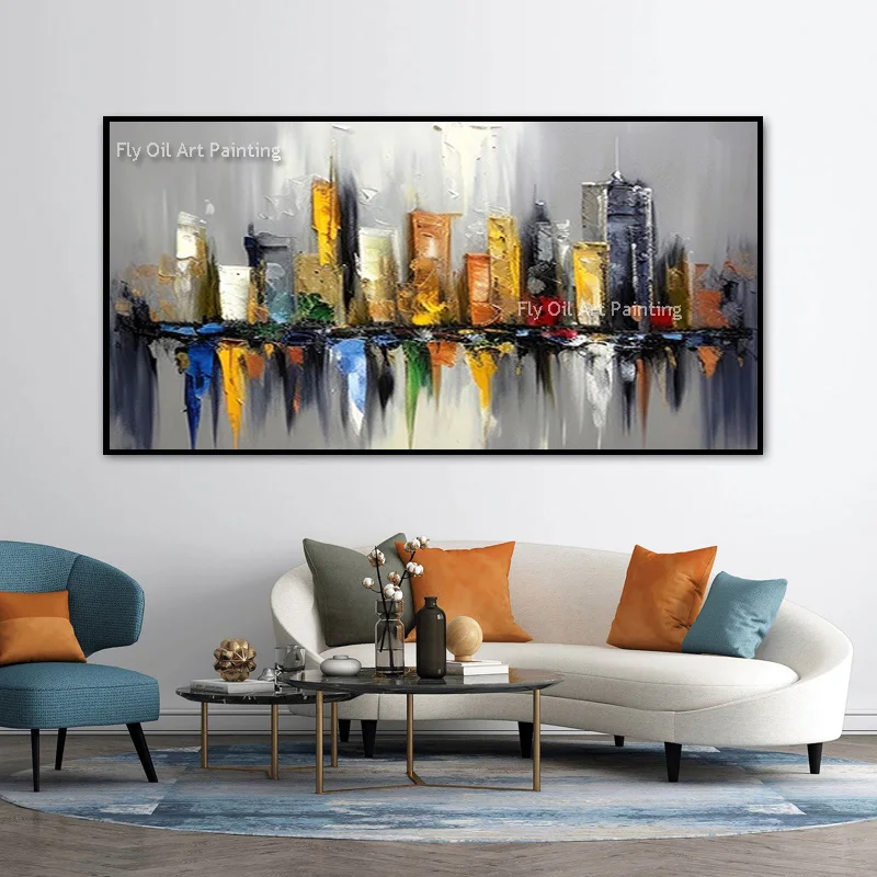 Handmade Abstract Cityscape Wall Art, Thick Texture Urban Building Oil Painting, Contemporary Apartment Canvas Home Decoration
