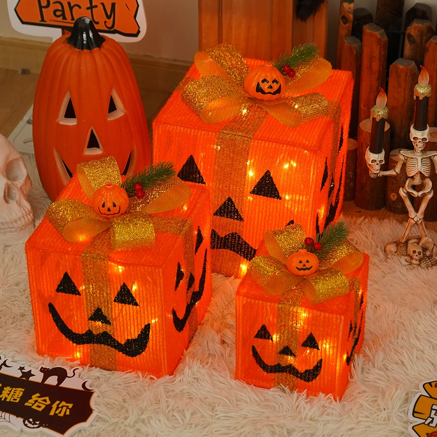 新しいカボチャギフトボックスランプ3点セット-ハロウィンledライトストリング-フェスティバルパーティーデコレーション-雰囲気ライト
