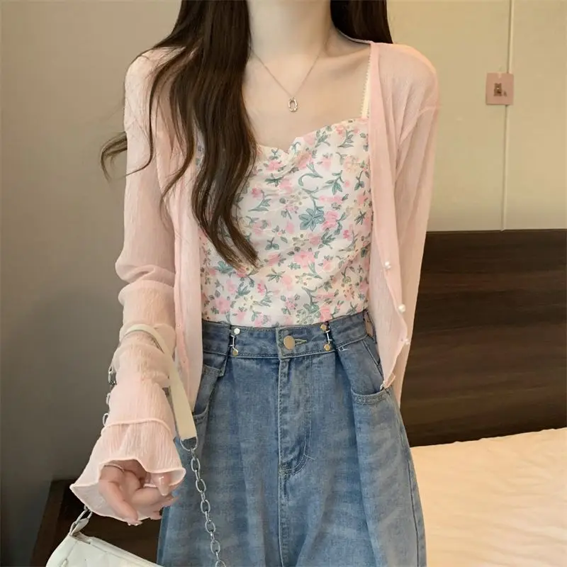 Jackets Women Cute Fashion Solid Korean Styles Thin Summer Long Sleeve Crops Basic Outwear Sheer Sun-proof Leisure Holiday Sweet