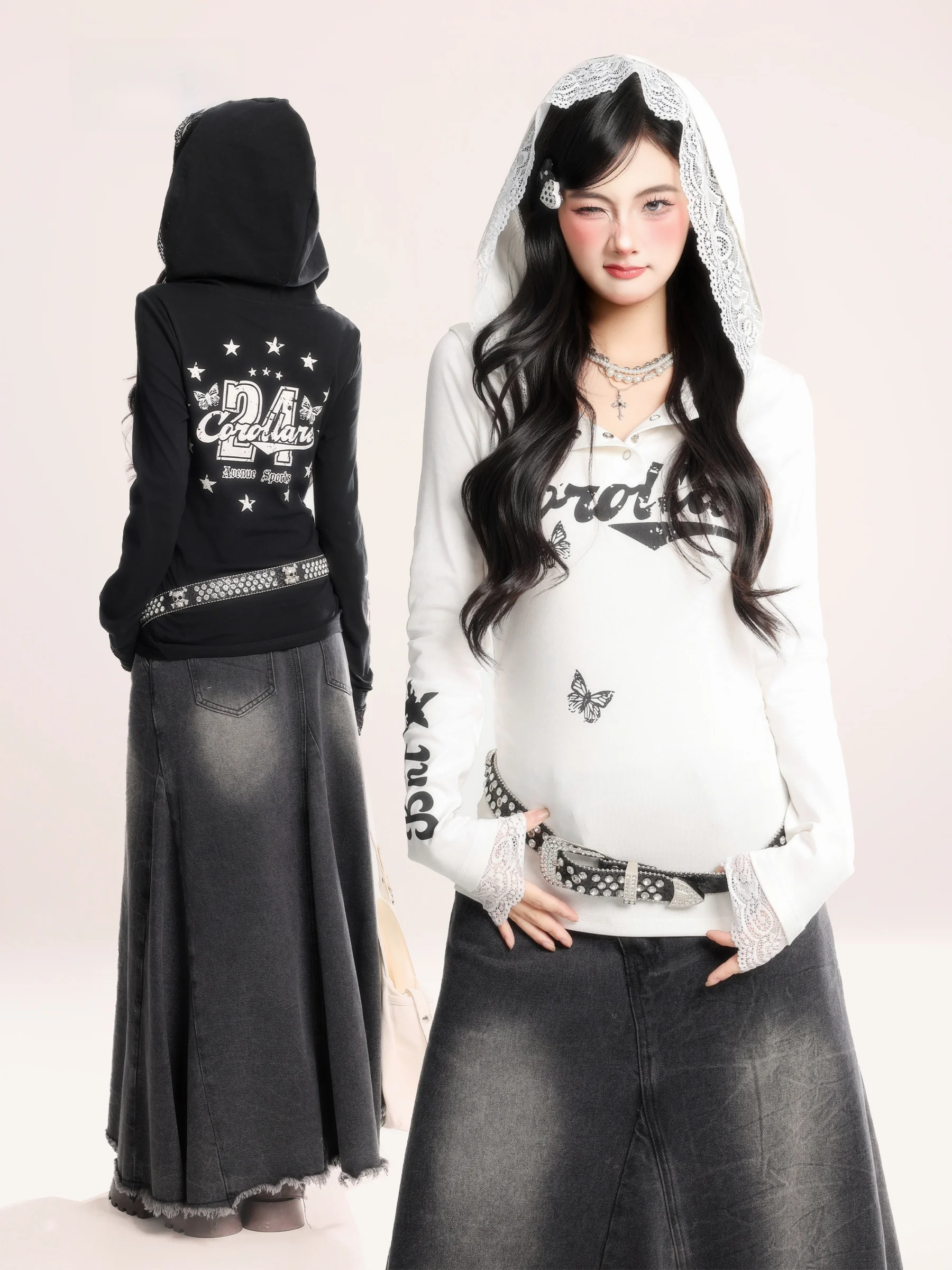 

HM American Letter Print Lace Splice Long Sve T-irt Women's Spring New Sle Slimming Top Trendy V-ne Casual Cotton